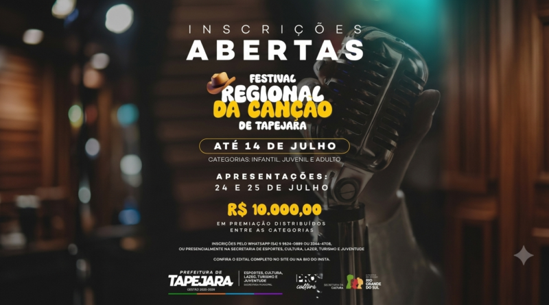 Inscrições para o Festival Regional da Canção de Tapejara 2026 segue até o dia 14